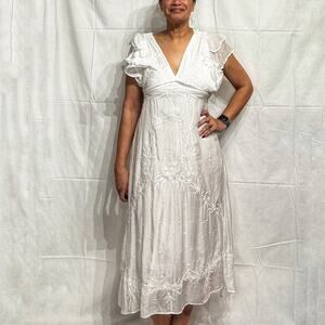 Anthropologie Love the Label White Embroidered V-Neck Maxi Dress Sz M